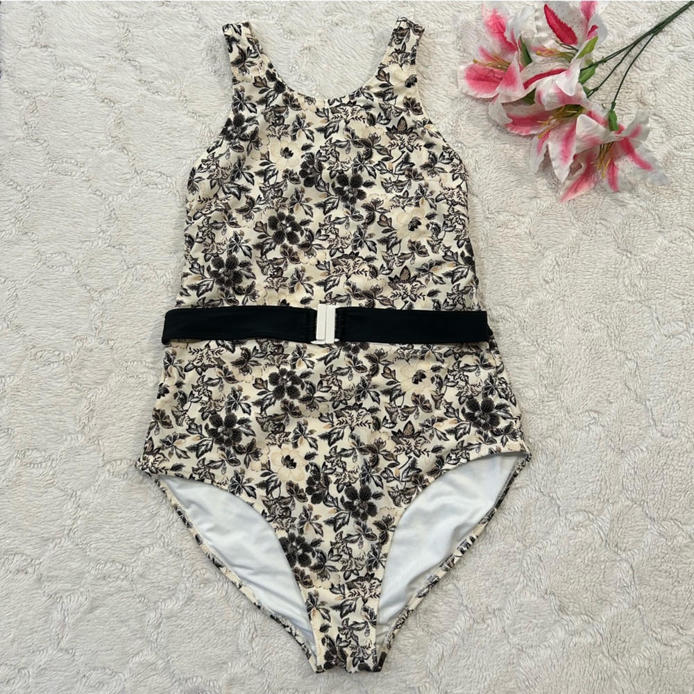 Old Navy - Belted Ivory & Black Floral High Neck One Piece Swimsuit - XXL